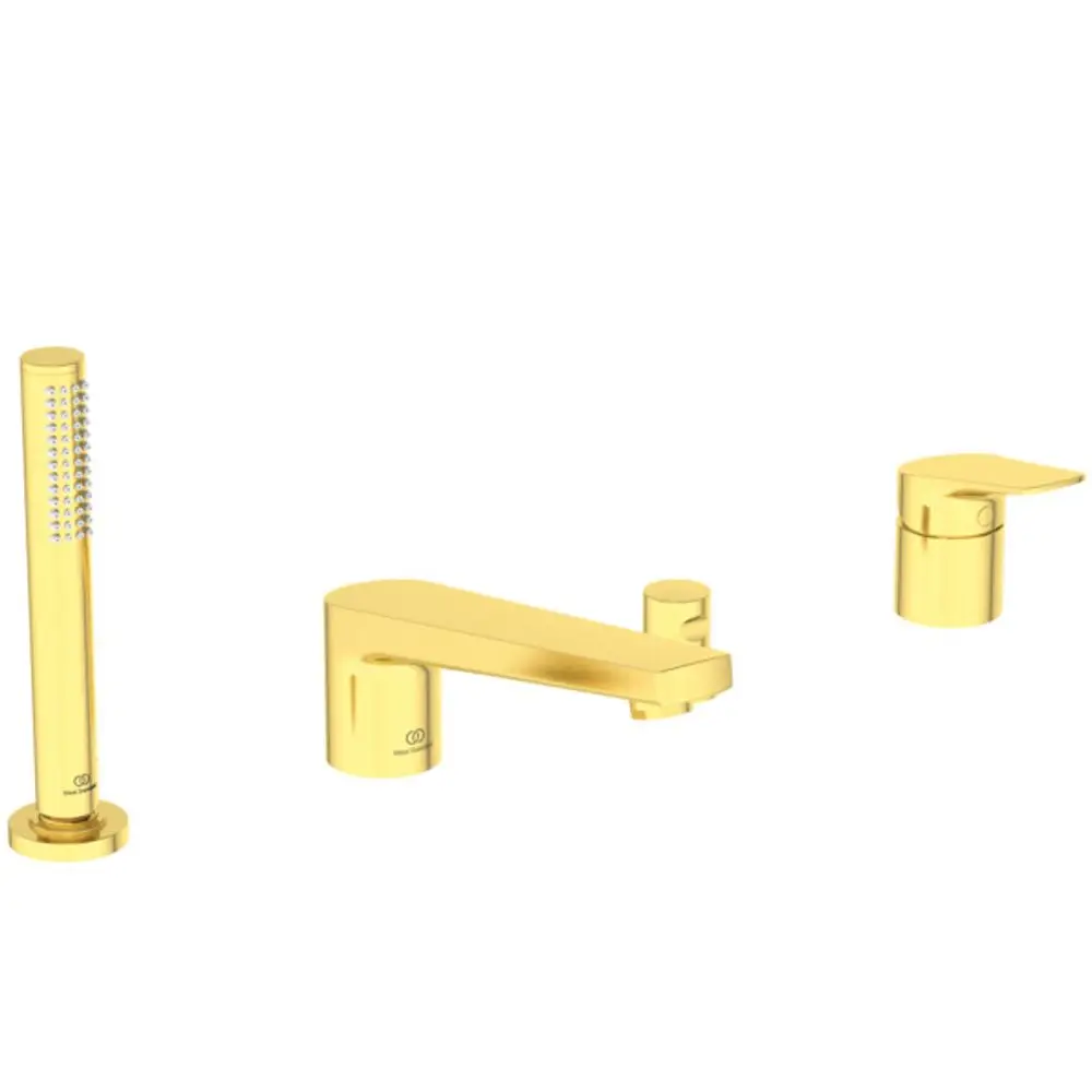 Faucet-Set in Brushed Gold von Ideal Standard, bestehend aus einem Wasserhahn mit Auslauf und einer Handbrause, auf einem weißen Hintergrund.